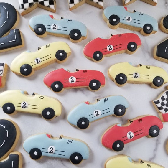 Race Car Cookies 1 Dozen | Any Color | Retro Vintage Car Racing Theme | Two Fast Two Curious 1st Second 2nd 3rd 4th 5th 6th 7th 8 9 Birthday