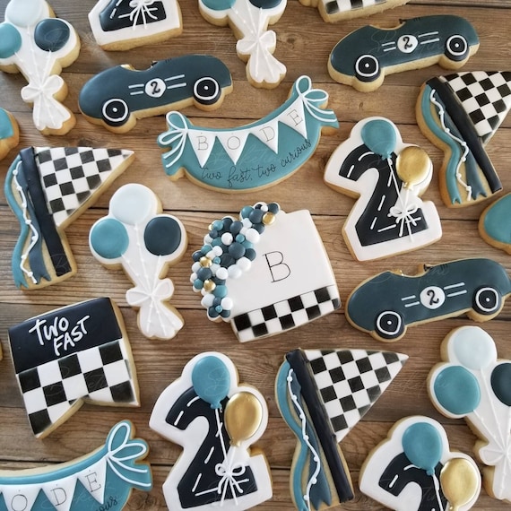 Two Fast Two Curious Cookies 2 Dozen | Vintage Race Cars Retro Racing Flags Balloons | Second 2nd Birthday | First Lap Fast One