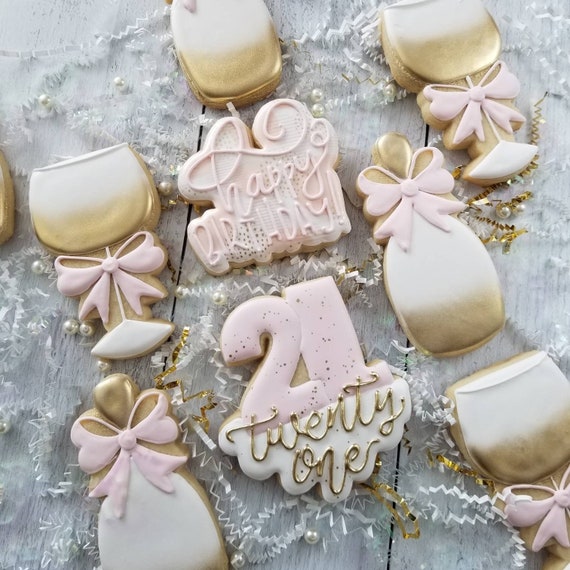 21st Birthday Cookies 2 Dozen | Cheers to 21 | Pink Champagne Cookies | Pop Fizz Clink | Personalized Cookies | Birthday Cake | Pink Gold
