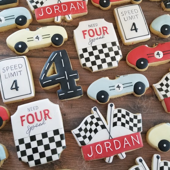 Need Four Speed Cookies 2 Dozen | Vintage Race Cars Retro Racing Flags | 4th Birthday Two Fast Two Curious 2nd Birthday | First Lap Fast One