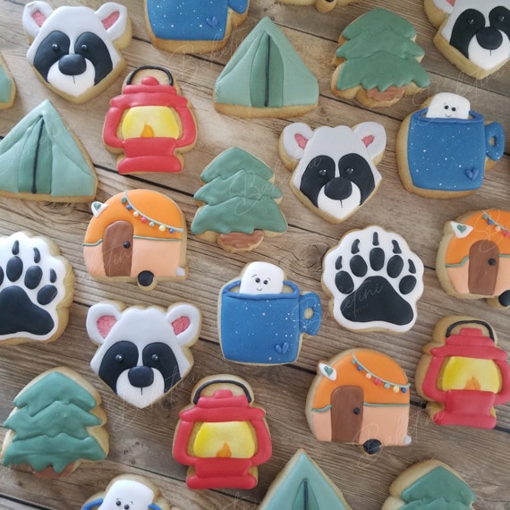 Camping Mini Cookies 3 Dozen | Glamping Camper Smores Hot Cocoa Tent Bear Paw Racoon | Happy Camper | Little Camper Lumberjack Birthday