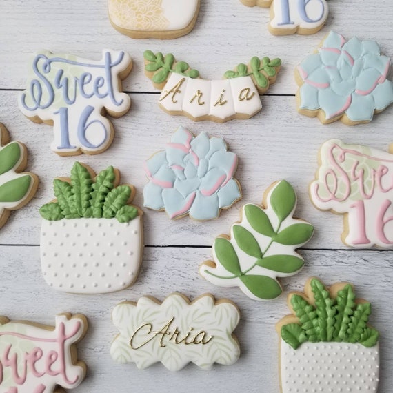 Succulent Sweet 16 Cookies 2 Dozen | Personalized Birthday Cookies | White Potted Succulent Greenery Botanical Modern Gold | Plant Lady Mom