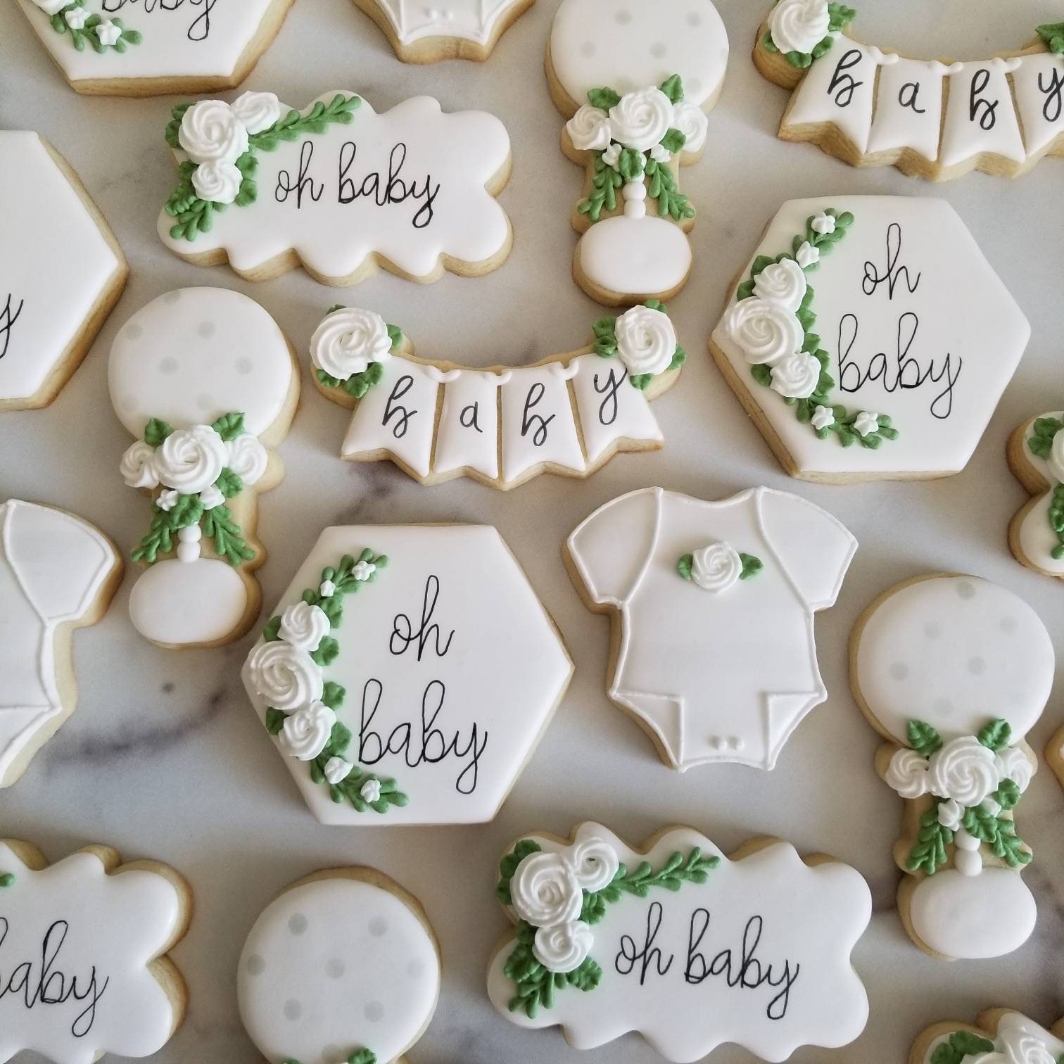 Floral Baby Shower Cookies 2 Dozen Oh Baby White Roses Etsy