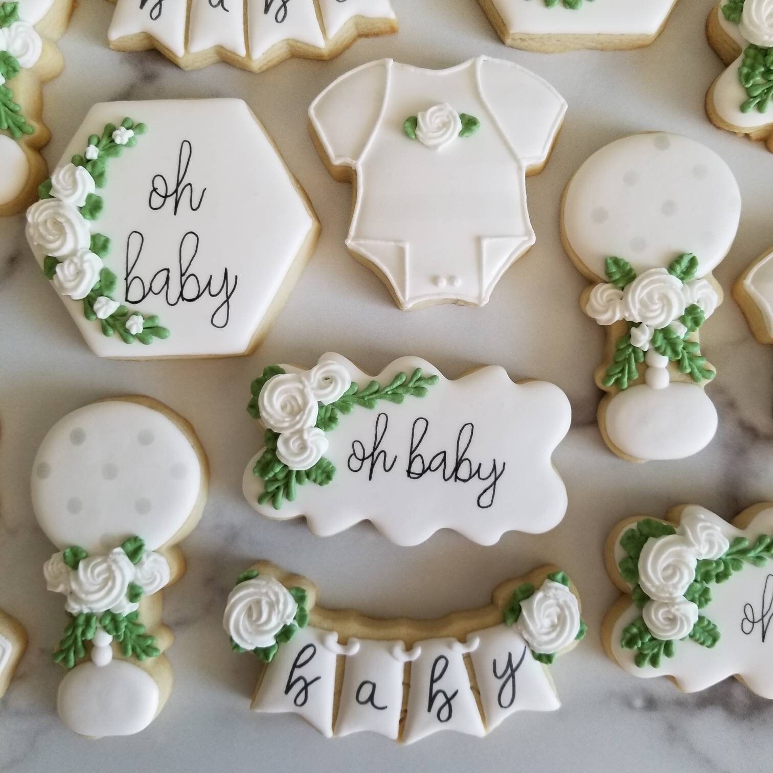Floral Baby Shower Cookies 2 Dozen Oh Baby White Roses Etsy