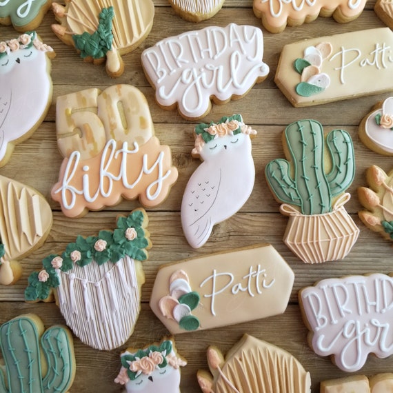 Boho Birthday Cookies 2 Dozen | Succulent Cactus Macramé Owl Desert Southwestern Bohemian Natural Blush Peachy Greenery Sweet 16 30th 50th