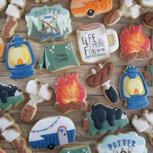 Camping Cookies 2 Dozen | Glamping Camper Campfire Hot Dogs Marshmallows Lantern Tree Bear Tent S'mores | Adventure Awaits Birthday Wedding