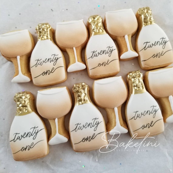 Champagne Mini Cookies 3 Dozen | Pink Champagne Sparkling Rose Wine Prosecco | 21st 30th 40th Birthday Party | Peachy Pink Blush Gold