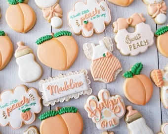 Sweet Peach Baby Shower Cookies 2 Dozen | Sweet as a Peach | Fruit Theme | It's a Girl | Onesie Bib Rattle | Peach White Green