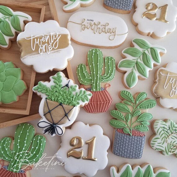 Plant Lady Chic Birthday Cookies 2 Dozen | Modern Gold Personalized Birthday Cookies | Houseplants Cactus Succulents Greenery Ficus