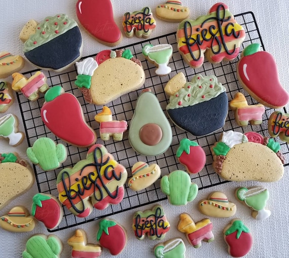 Fiesta Mix Cookies 3 Dozen | Taco Margarita Avocado Guacamole Hot Pepper Pinata Sombrero Cactus | Birthday Party Favors | Cinco de Mayo Mini