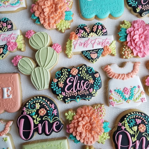 First Fiesta Cookies 2 Dozen | Floral First Fiesta | Mexican Flower Dress | Cactus Papel Picado | One Girl Birthday Party | Cinco de Mayo