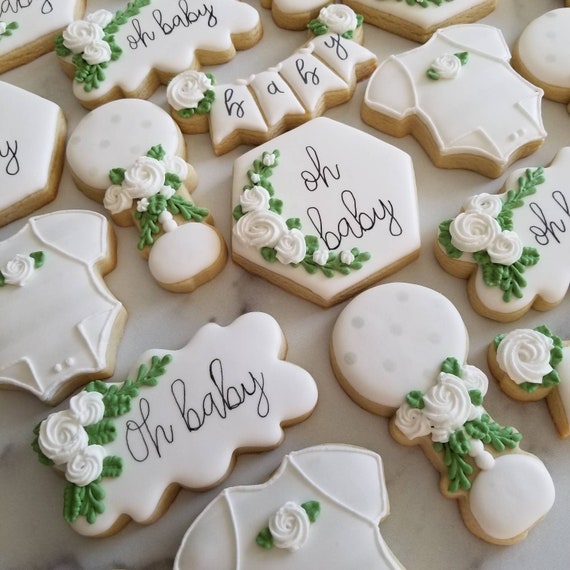 Floral Baby Shower Cookies 2 Dozen | Oh Baby | White Roses Rosettes | Greenery Floral Gender Neutral | Baby Onesie Rattle Hexagon