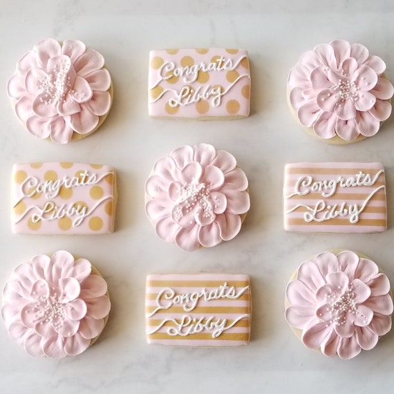 Pink & Gold Birthday Cookies | 30th 40th 50th 60th Sweet 16 | Rose Gold | Flower Floral | Thank you | Baby Shower | Congratulation Cookies