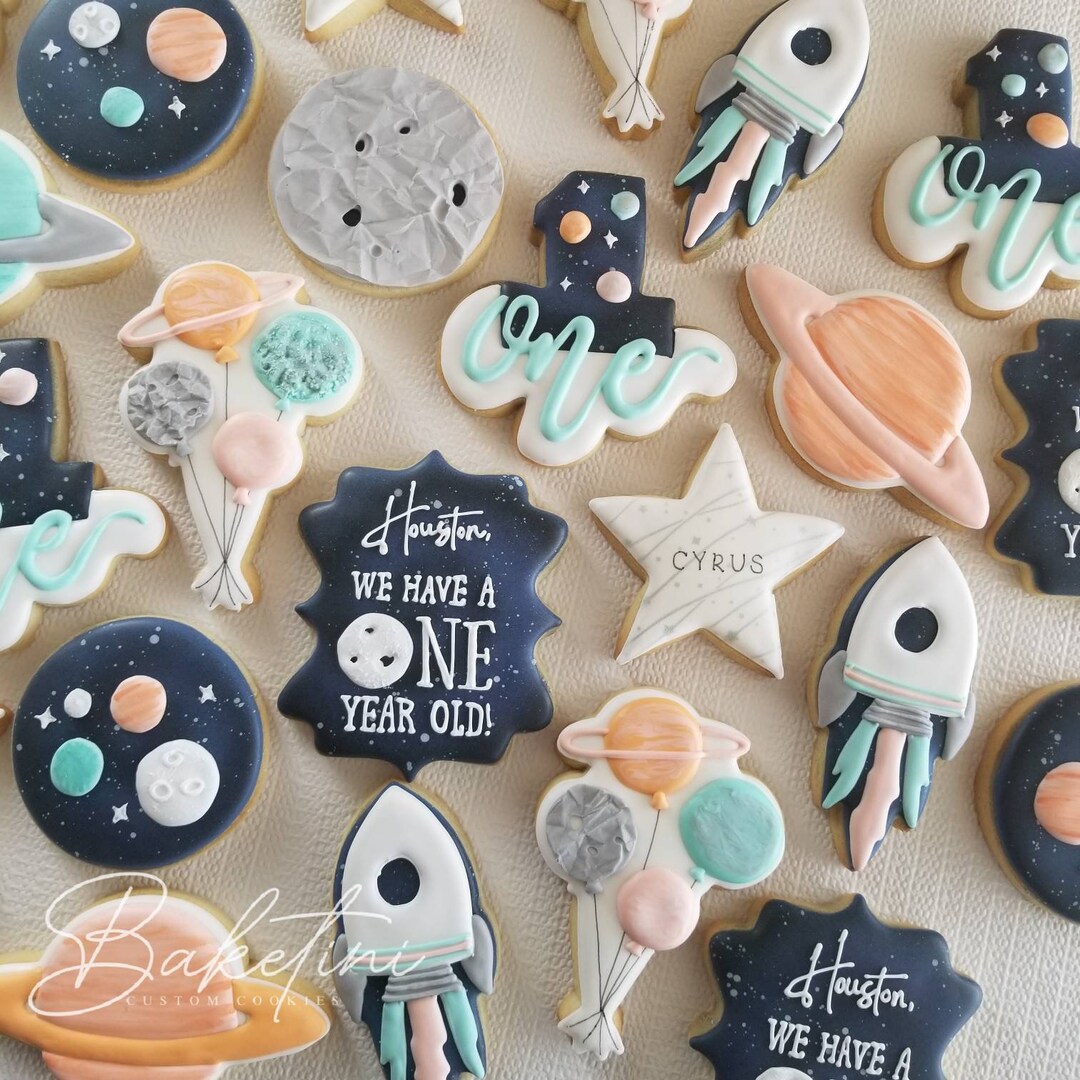Houston ONE Cookies 2 Dozen First Birthday Space Moon Spaceship Rocket Astronaut Stars