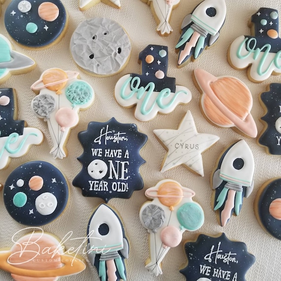 Houston ONE Cookies 2 Dozen | First Birthday Space Moon Spaceship Rocket Planet Astronaut Stars Galaxy Modern Outer Space Out of this World