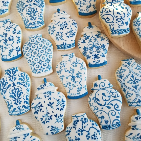 Chinoiserie Cookies 1 Dozen | Floral Pattern Ginger Jars Vases | French Blue and White China Garden | Elegant Chic Bridal Shower Wedding