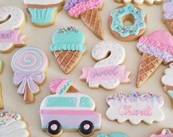 Two Sweet Cookies 2 Dozen | Ice Cream Cookies | Sweet Shoppe Ice Cream Social Party | Summer Sprinkles Cone Scoop Donut Birthday Baby Shower