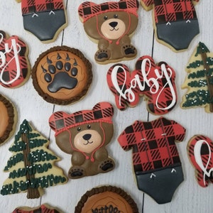 Buffalo Plaid Cookies 2 Dozen | Baby Bear Onesie Pine Tree | Baby Boy Woodland Baby Shower | Lumberjack Birthday Wild One | Wilderness