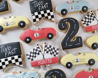 Two Fast Race Car Cookies 2 Dozen | Vintage Race Cars Retro Racing Flags | Two Fast Two Curious Second 2nd Birthday | First Lap Fast One