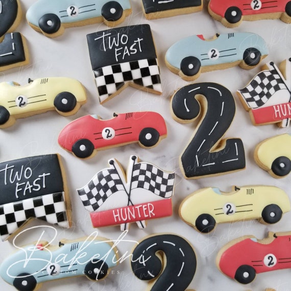 Two Fast Race Car Cookies 2 Dozen | Vintage Race Cars Retro Racing Flags | Two Fast Two Curious Second 2nd Birthday | First Lap Fast One