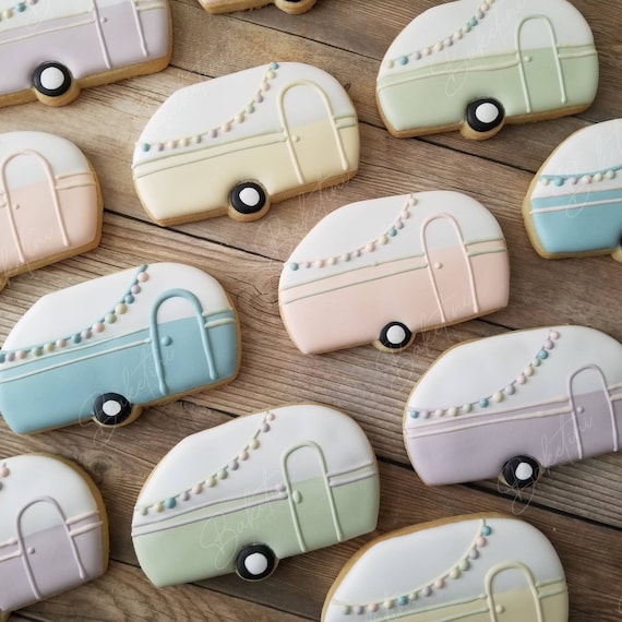 Camper Cookies | Glamping Cookies | Retro Camper | Rustic Camping Glamping Outdoors Wilderness Boho Shabby Chic Adventure Awaits Travel