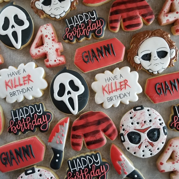 Killer Birthday Cookies 2 Dozen | Halloween Horror Scary Movies Teenager Boy Husband 10th 13th 16th 18th 30th | Jason Freddie Scream Michael