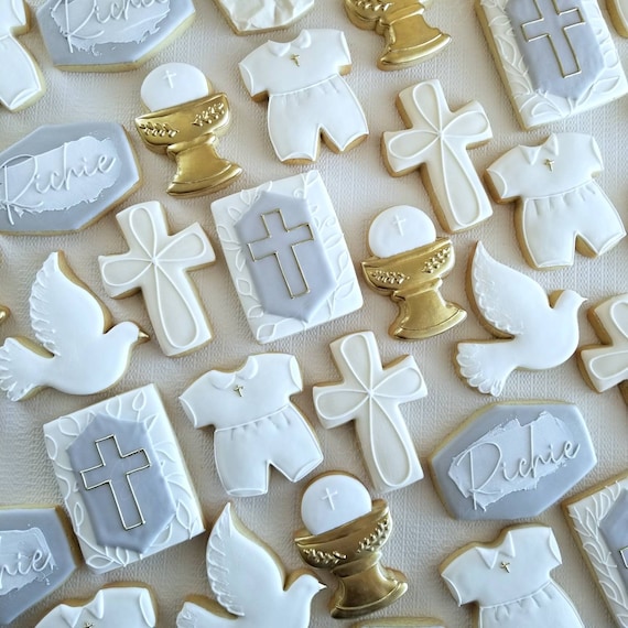 Baptism Cookies 1 Dozen | Modern Minimalist Soft Grey Neutrals Muted Tones | Holy Cross Chalice | Christening First Communion Blessed Baby