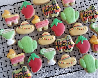 Fiesta Mini Cookies 3 Dozen | Cactus Sombrero Pinata Margarita Hot Pepper | 16th 21st 30th 40th 50th 60th Birthday Party | Cinco de Mayo