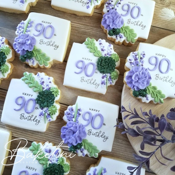 Fancy Floral Plaque Cookies | Personalized Custom Cookies | 30th 40th 50th 60th 70th 80th 90th Birthday Anniversary Wedding Baby Shower