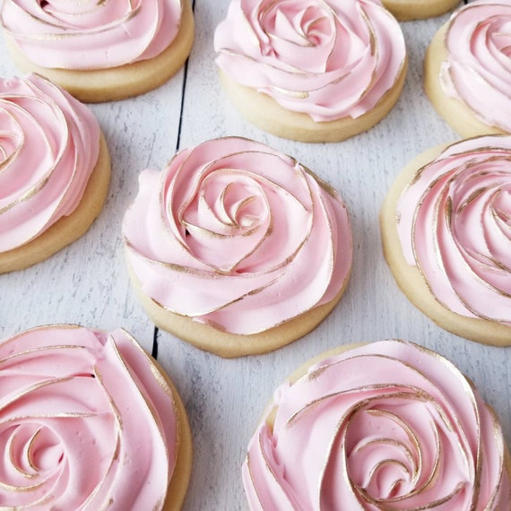 Rosette Cookies | Pink Gold Rose Flower Floral | 16th 30th 60th Birthday | Thank you | Congratulations | Wedding | Baby Shower | Graduation