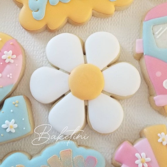 Daisy Cookies 1 Dozen | Any Color | Groovy Retro Daisy Smiley Peace Rainbow | Baby Shower First 1st 2nd 3rd 4th 5th 6th 7th 8th 9th Birthday