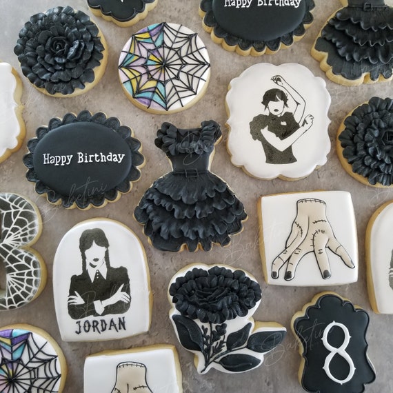 Goth Idol Birthday Cookies 2 Dozen | Personalized | Thing Hand | Dancing Queen Dress | Nevermore Academy Windows | Black Heart | Dance Dance