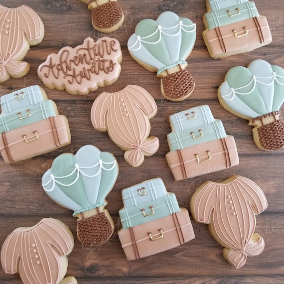 Travel Baby Shower Cookies 1 Dozen | Hot Air Balloon Luggage | Adventure Awaits | Places You'll Go | Up Up Away | First Birthday Graduation