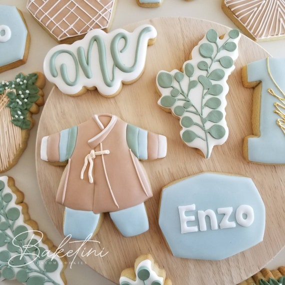 Hanbok Korean First Birthday Cookies 2 Dozen | Dohl Dol Traditional Korean 100 Days Baby Party | Modern Greenery Blues and Soft Neutrals