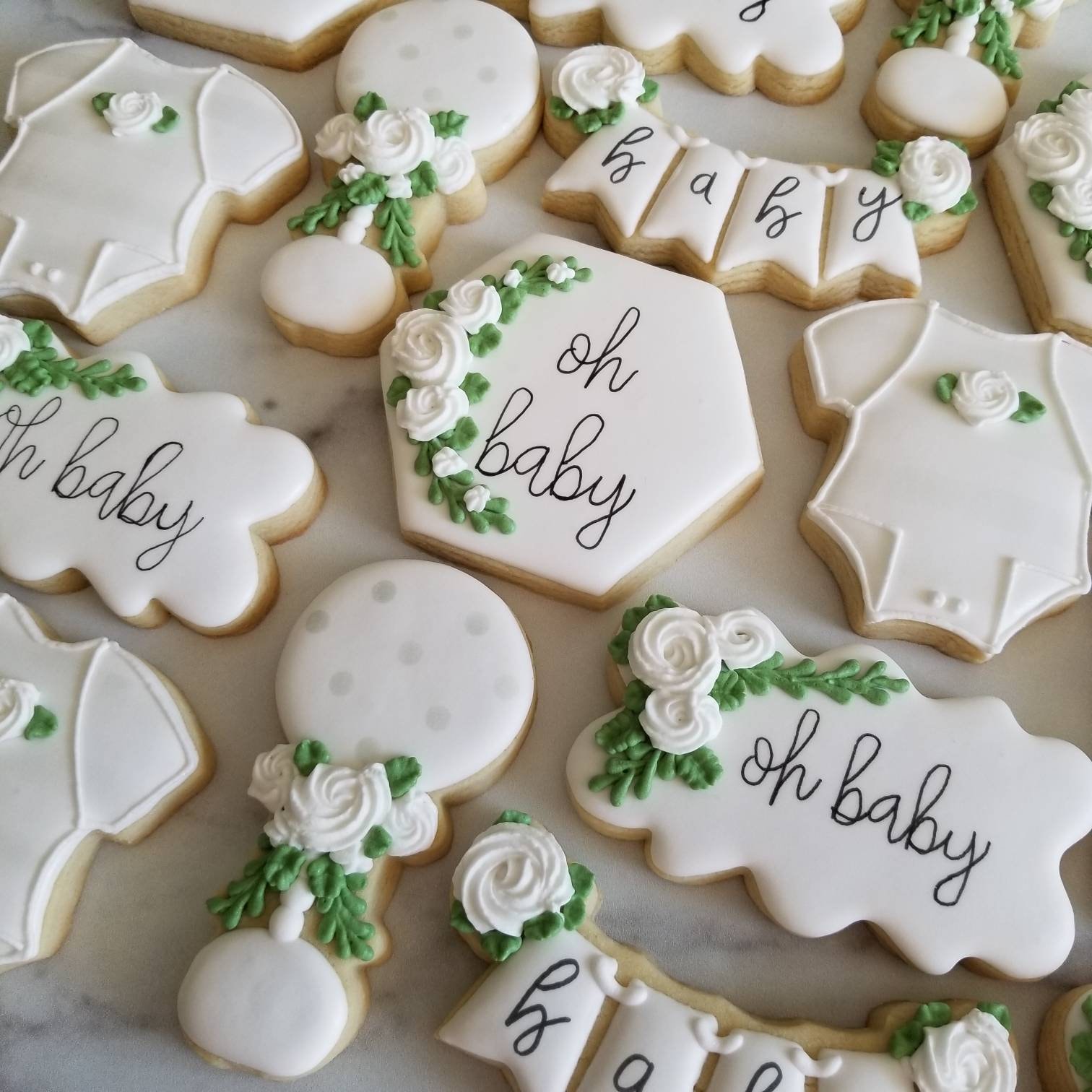 Floral Baby Shower Cookies 2 Dozen Oh Baby White Roses Etsy