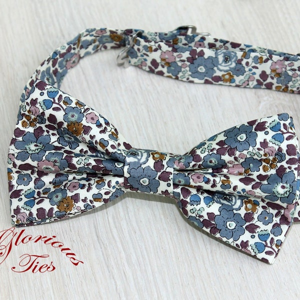 Grey Liberty bow tie for men & boys. Floral wedding bowties for groom and groomsmen. Pre-tied cotton bowtie from Liberty print 'Betsy Ann'