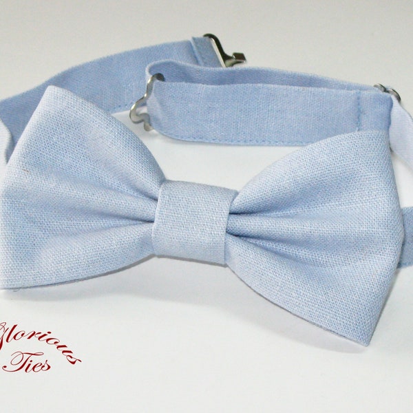 Powder blue wedding bow tie for men & boys. Pale blue linen bowtie for women kids and toddlers.