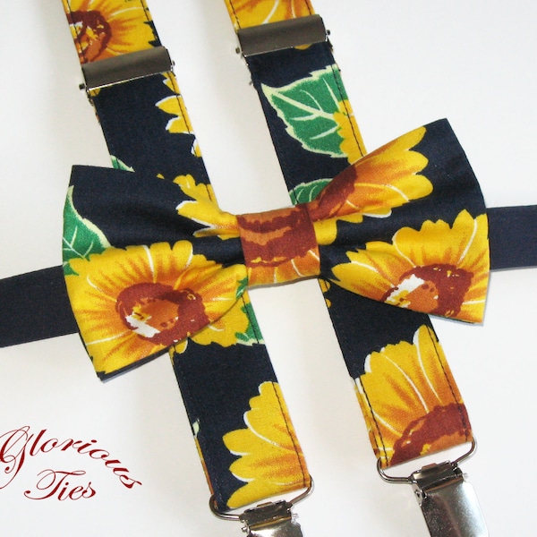 Sunflower bow tie and suspenders for men and boys. Navy & yellow floral bowtie and braces. Sunflower wedding outfit for toddler/kids.