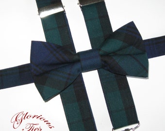 Navy and dark green tartan bow tie & suspenders for men and boys. Black Watch plaid braces and bowtie set for baby. Toddler Christmas outfit