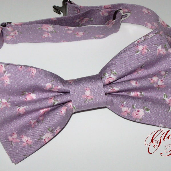 Floral lilac bow tie for men. Lilac & pink pre-tied bow tie and optional pocket square. Light purple floral wedding bowtie. Women's bowties