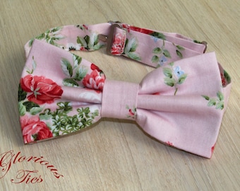 Floral pink wedding bow tie for men & boys. Roses print on blush pink bowtie for women. Baby/Toddler bowties.