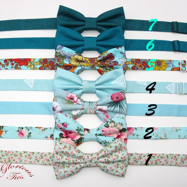 Pale turquoise floral bow ties for men & boys. Mismatched wedding bowties for groom and groomsmen. Aquamarine /Teal cotton pre-tied bowtie.