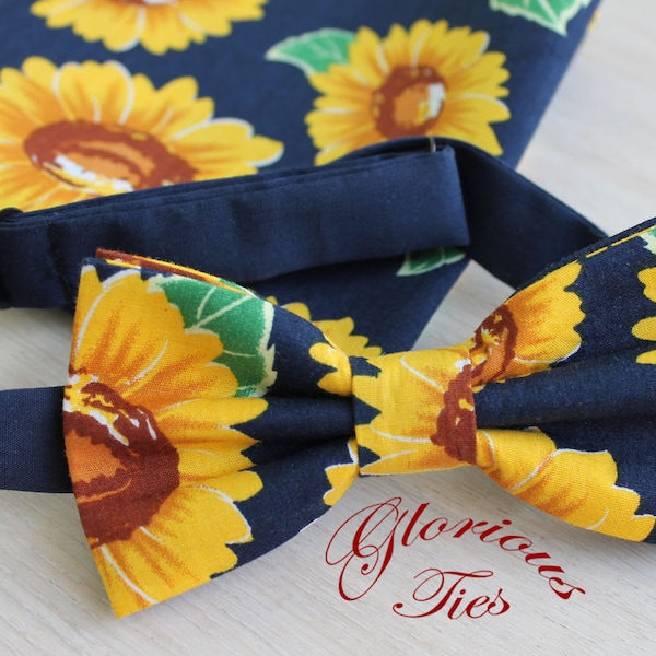 Sunflower bow tie for men and boys. Navy & yellow floral bow tie. Men's bow ties. Summer rustic sunflower wedding bow tie. Kids bowtie.