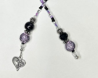 Purple and black beaded book thong with a silver heart charm. Makes a great teacher gift  - mother gift - book lover gift