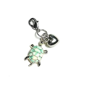 Green Turtle Zipper Pull Charm: Silver Heart Purse Accessory