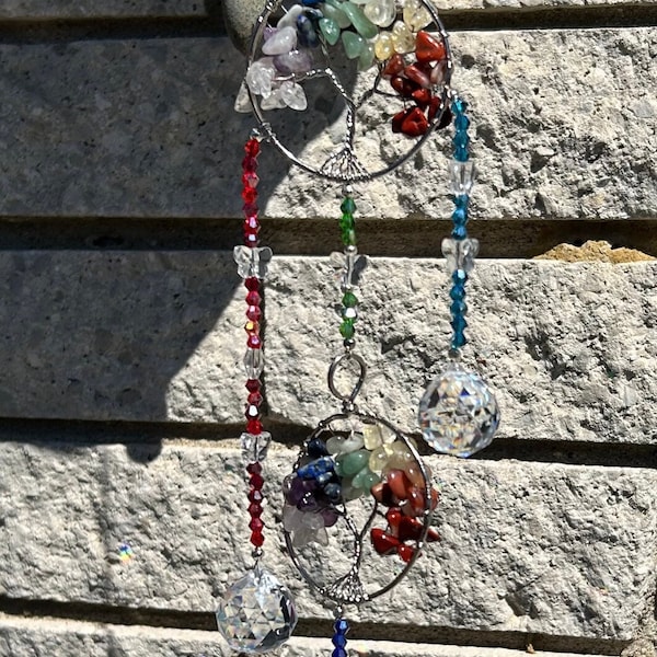 Crystal Tree of life SunCatcher with leaf shape pendant and crystal butterfly beads. Window suncatcher - SunCatcher with hook - Window decor