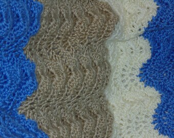 Seaside Ripple Afghan Blue White Tan Coastal Ocean Housewarming Birthday Gift Chevron Sofa Blanket Lap Blanket Free Shipping