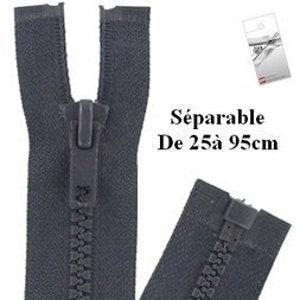 May include: A black zipper with a plastic slider. The zipper is 25 to 95 cm long and is labelled "Separable De 25 à 95cm".