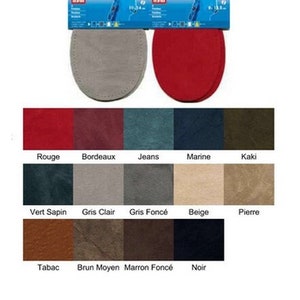 Peut inclure: Un assortiment de 14 patchs en cuir de différentes couleurs. Les patchs sont de forme ovale et sont disposés en trois rangées. Les couleurs comprennent le rouge, le bordeaux, le bleu, le vert, le marron, le beige, le gris, le noir et le kaki.