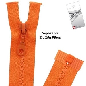 May include: Orange zipper with a plastic slider. The zipper is separable and comes in lengths from 25 to 95 centimetres.